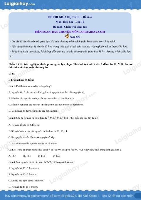 Đề thi giữa kì 1 Hóa 10 Chân trời sáng tạo - Đề số 4